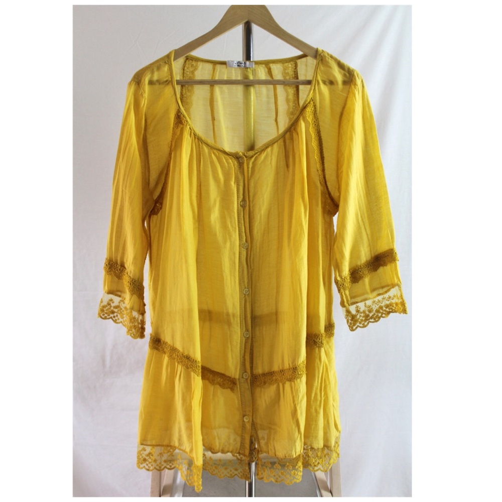 Golden Yellow Boho Tunic Blouse Silk Blend Italy L